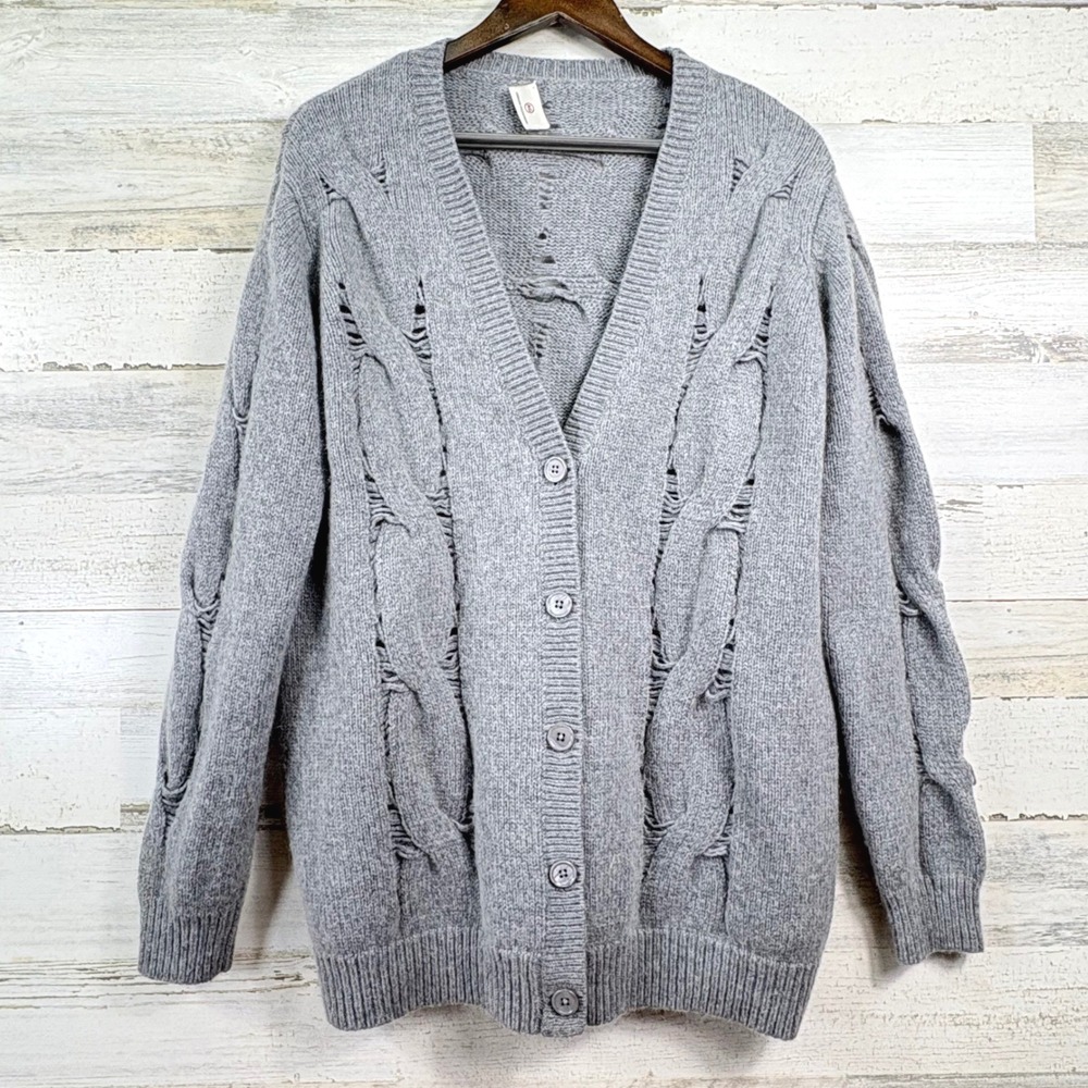 AG Adriano Goldschmied Cardigan M‎ Grey Distressed Cable Knit Wool Mohair Grunge